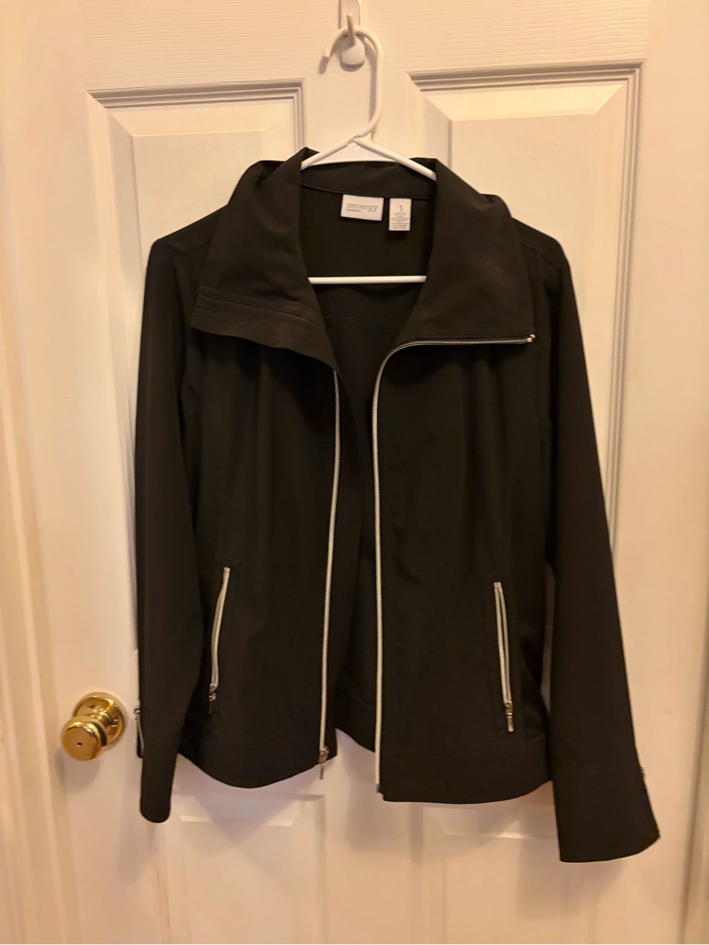 Women’s Black Zip-Front Utility Jacket with Stand Collar